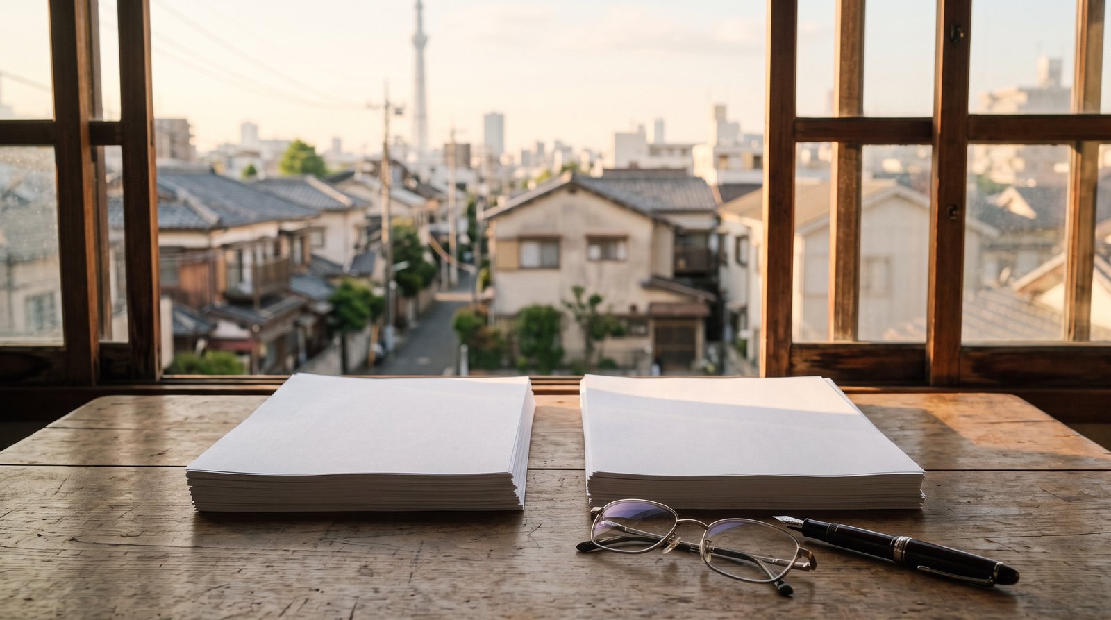下町の低層住宅街を望む窓辺の木の机に、白紙の書類の束が二つ並べて置かれ、手前に眼鏡と万年筆がある