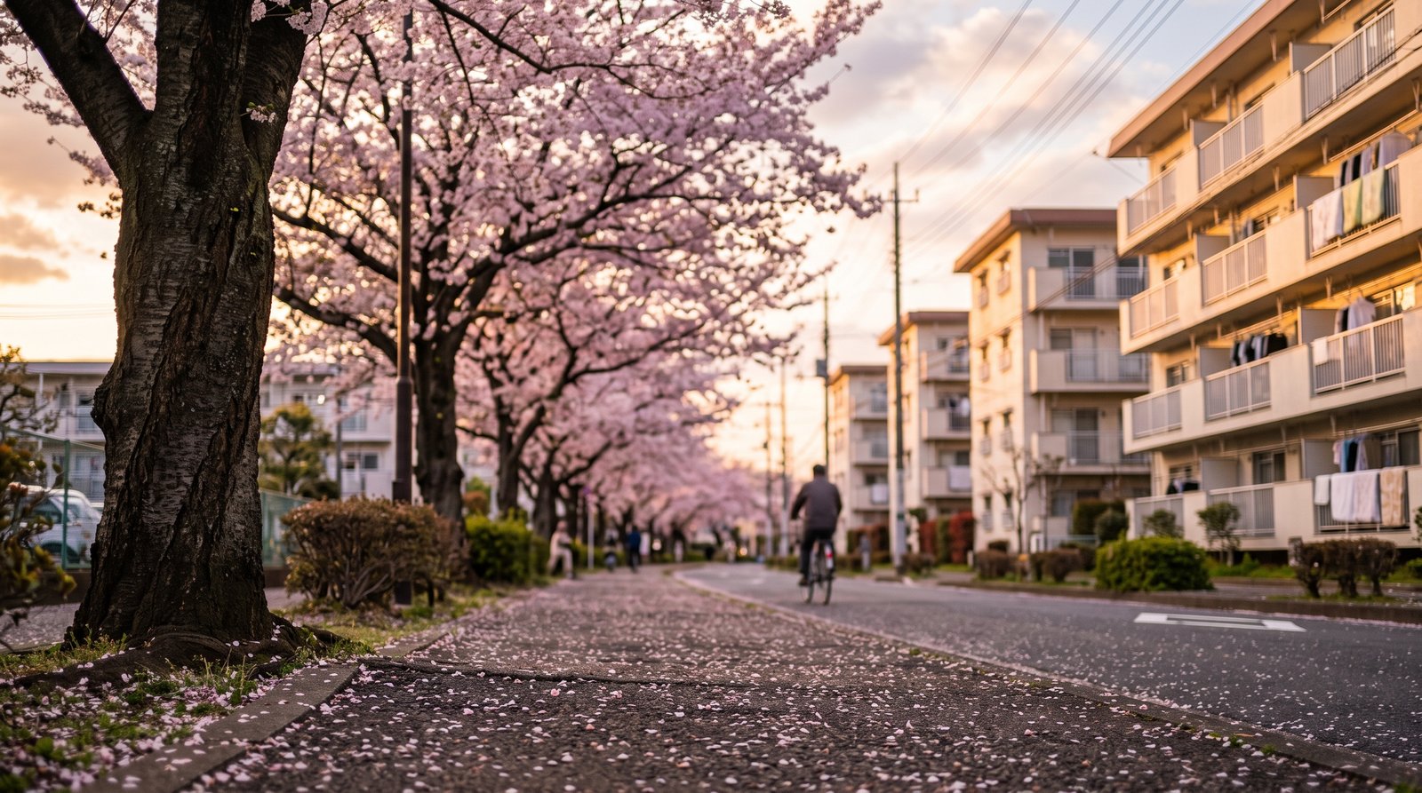西葛西の桜並木と中層団地が並ぶ通りの夕景