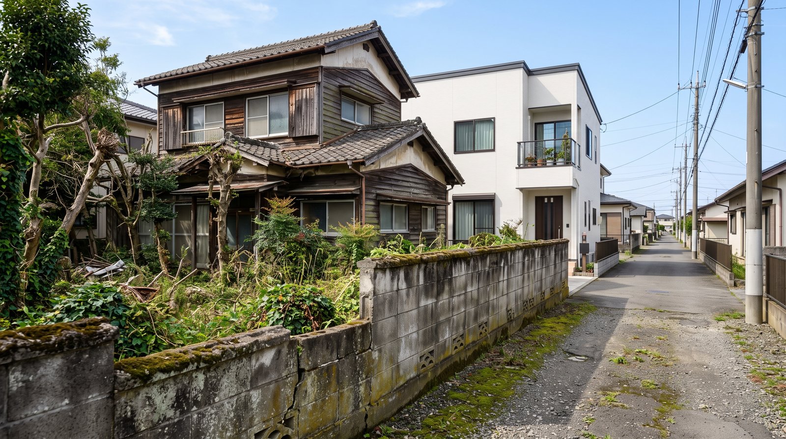 雑草が生い茂った庭と古びたブロック塀に囲まれた古い木造の空き家と、すぐ隣に建つ新築の白い二階建て住宅
